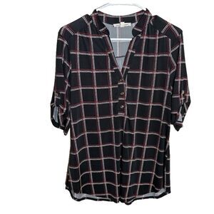 Perspetion Concept Blouse Women's Large Black Plaid Short Sleeve Popover